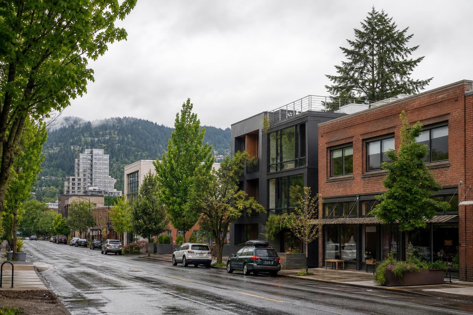 Wet urban street with trees, parked cars, and modern buildings under an overcast sky.