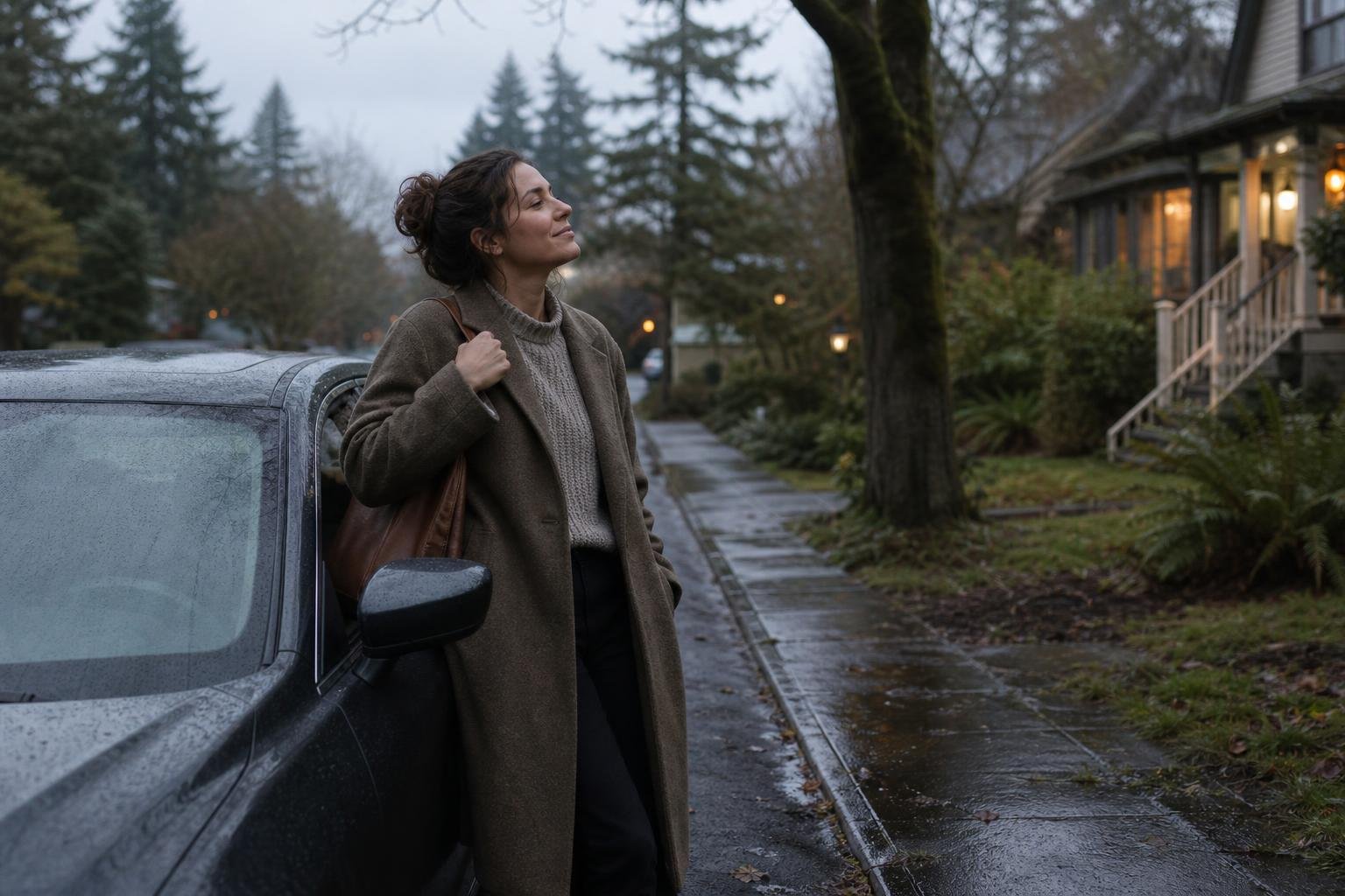 A woman stands beside a dark car on a wet residential street in front of a house, with trees and overcast evening light in the background.
